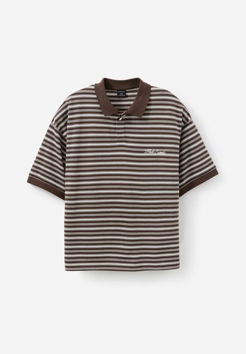 Cotton On - Box Fit Short Sleeve Polo - Chocolate Stripe
