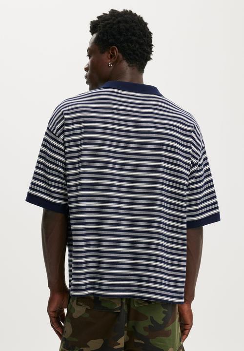 Cotton On - Box Fit Short Sleeve Polo - Navy Stripe