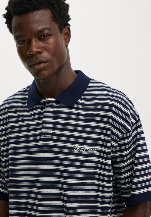 Cotton On - Box Fit Short Sleeve Polo - Navy Stripe