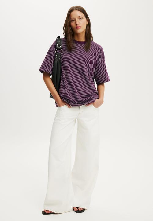 Cotton On - The Boxy Sleeve Tee - Lisa Stripe Iced Marine/Blackberry Belle