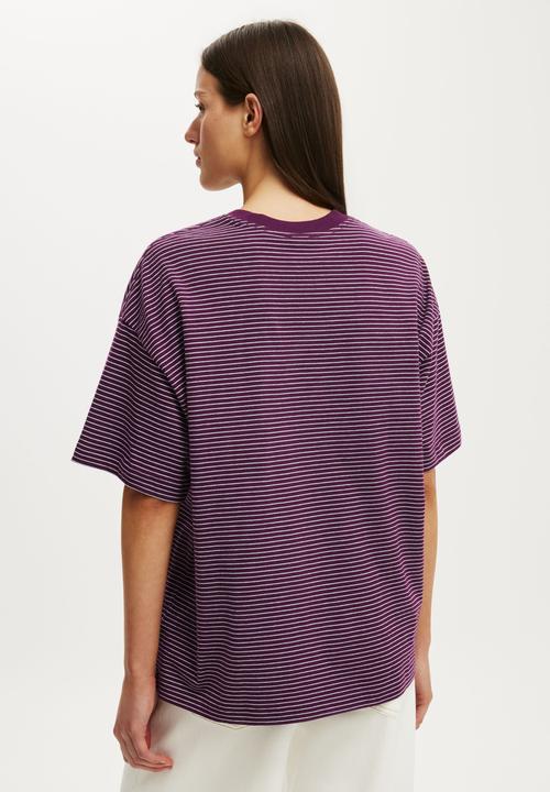 Cotton On - The Boxy Sleeve Tee - Lisa Stripe Iced Marine/Blackberry Belle