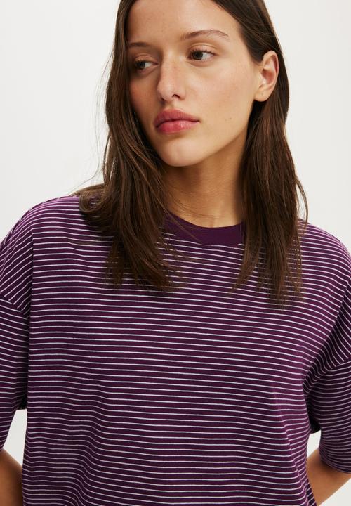 Cotton On - The Boxy Sleeve Tee - Lisa Stripe Iced Marine/Blackberry Belle