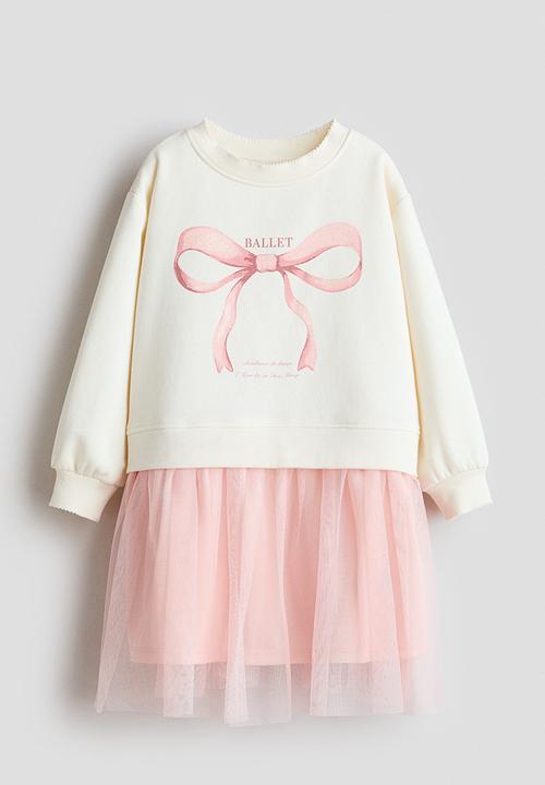Tulle-skirt sweatshirt dress - cream/bow