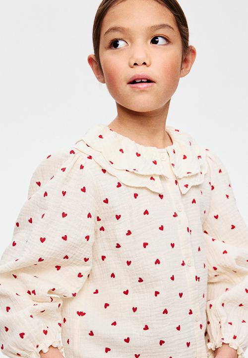 H&M - Printed cotton blouse - light beige/hearts