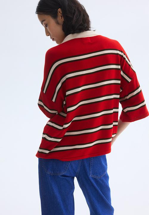 H&M - Oversized fine-knit polo shirt - red/striped