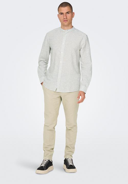 Only & Sons - ONSCAIDEN Life Long Sleeve Mao Stripe Linen - Chinchilla