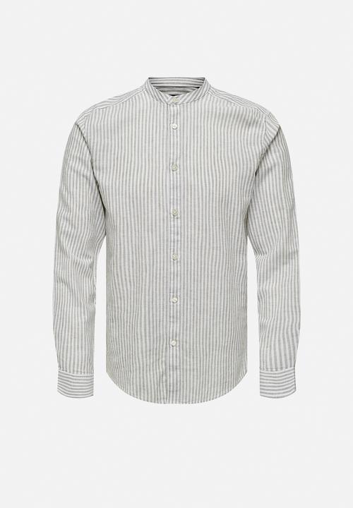Only & Sons - ONSCAIDEN Life Long Sleeve Mao Stripe Linen - Chinchilla