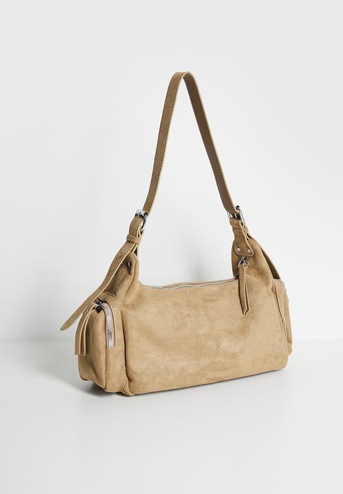 Tessa Design - Florence Suede Shoulder Bag With Silver Hardware-Tan