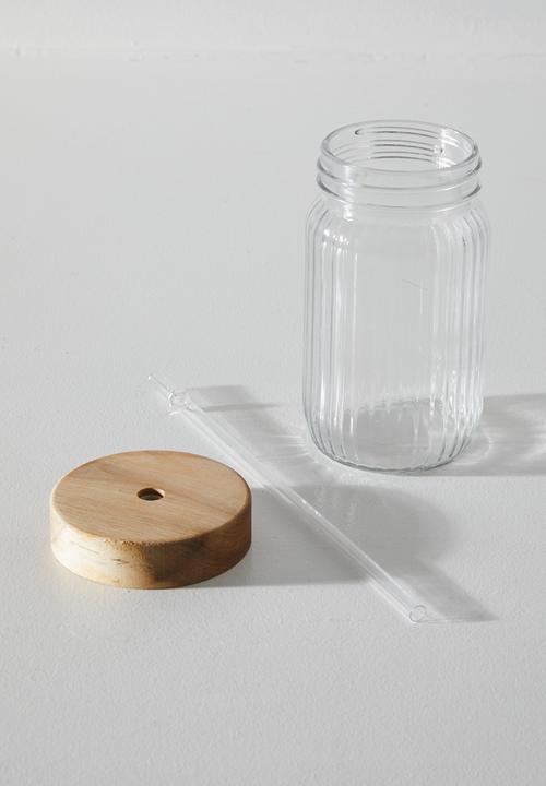 Excellent Houseware - Drinking glass with wood lid - Clear