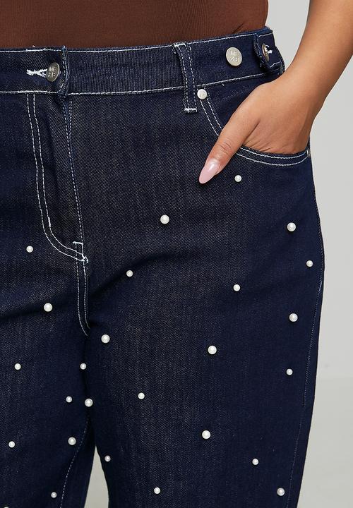 Me&B - Plus Straight Leg Jean with Pearls - Dark Wash