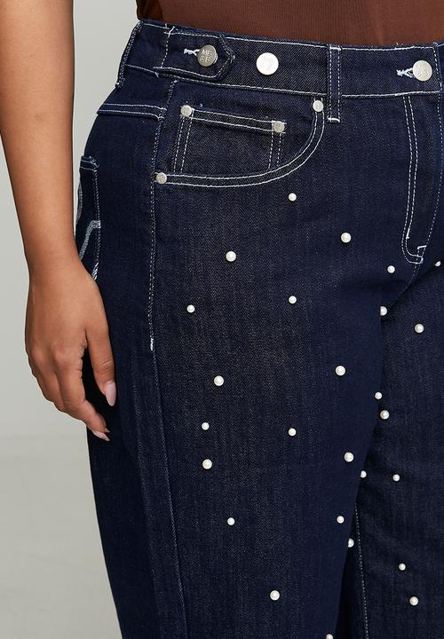 Me&B - Plus Straight Leg Jean with Pearls - Dark Wash