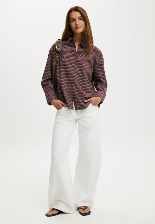 Cotton On - Sloane Oversized Shirt - Micro Check Cocoa/ Deep Pomergranate
