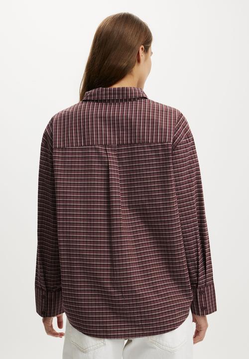 Cotton On - Sloane Oversized Shirt - Micro Check Cocoa/ Deep Pomergranate