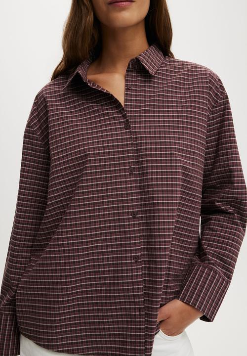 Cotton On - Sloane Oversized Shirt - Micro Check Cocoa/ Deep Pomergranate