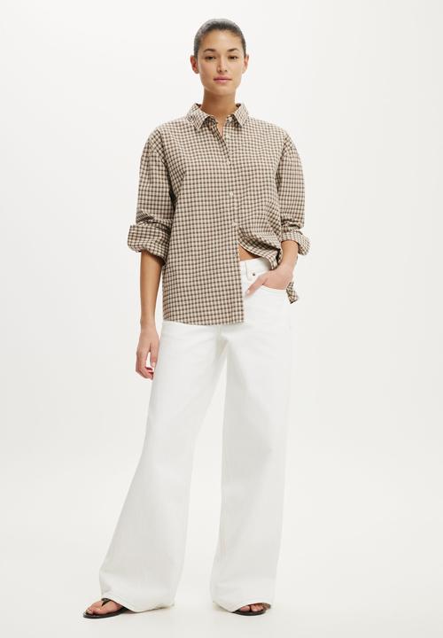 Cotton On - Sloane Oversized Shirt - Harri Check Honey Beige/ Rich Mocha
