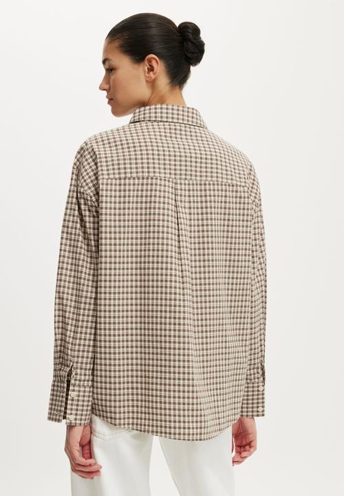 Cotton On - Sloane Oversized Shirt - Harri Check Honey Beige/ Rich Mocha