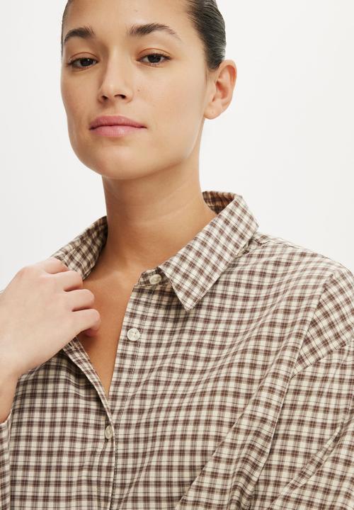 Cotton On - Sloane Oversized Shirt - Harri Check Honey Beige/ Rich Mocha