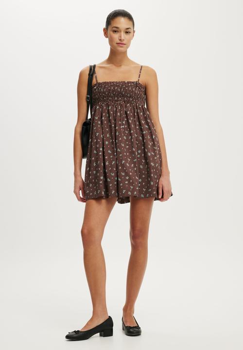 Cotton On - Eliza Babydoll Dress - Indy Pinstripe Ditsy Dark Oak