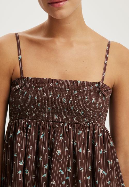 Cotton On - Eliza Babydoll Dress - Indy Pinstripe Ditsy Dark Oak