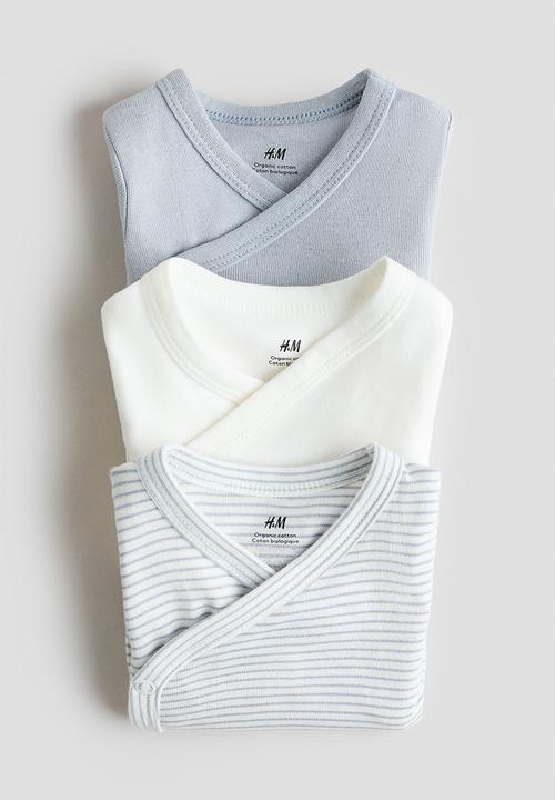 H&M - 3-Pack wrapover bodysuits - light dusty blue/striped