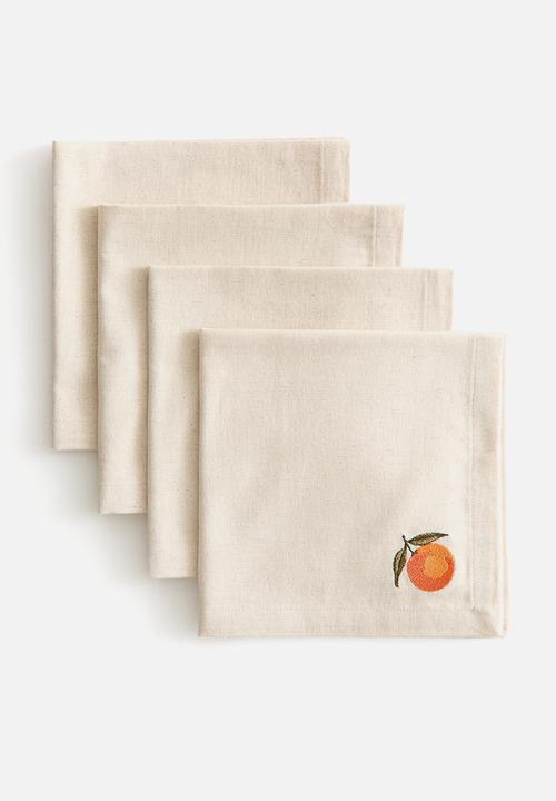 H&M - 4-Pack embroidery-detail linen-blend napkins - light beige/orange