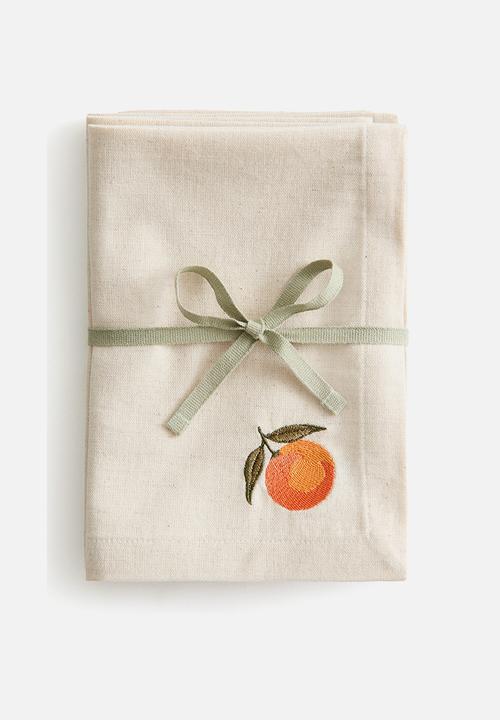 H&M - 4-Pack embroidery-detail linen-blend napkins - light beige/orange