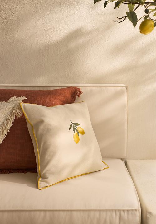 H&M - Embroidery-motif cotton cushion cover - light beige/lemons