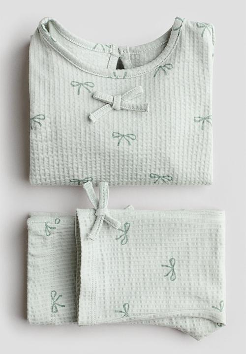 H&M - 2-Piece waffled cotton set - light turquoise/bows