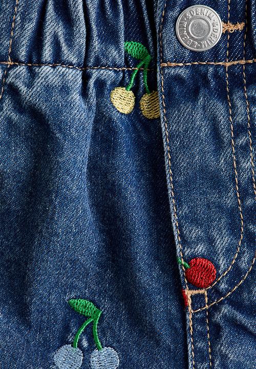H&M - Embroidered-motif denim shorts - denim blue/cherries