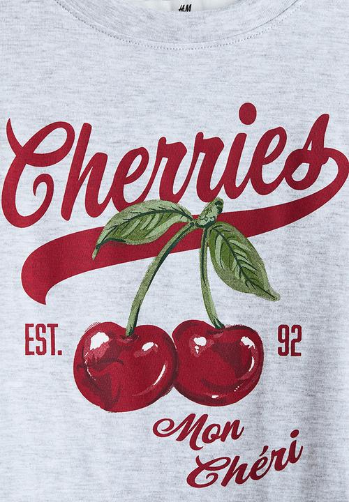 H&M - Print-motif cotton t-shirt - light grey marl/cherries
