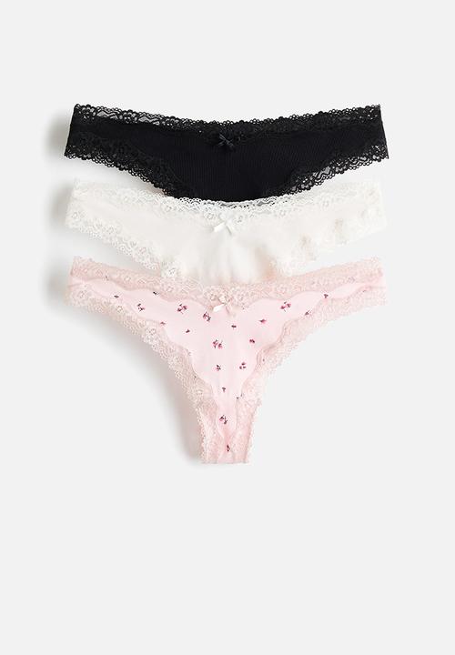3-pack cotton and lace brazilian briefs - light pink/cream/black