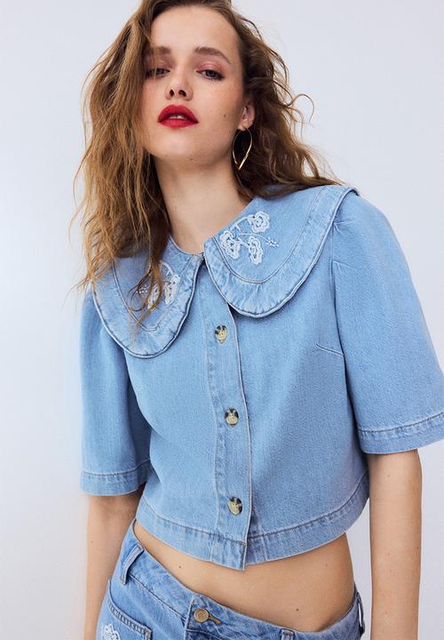 H&M - Collared denim blouse - light denim blue/flowers