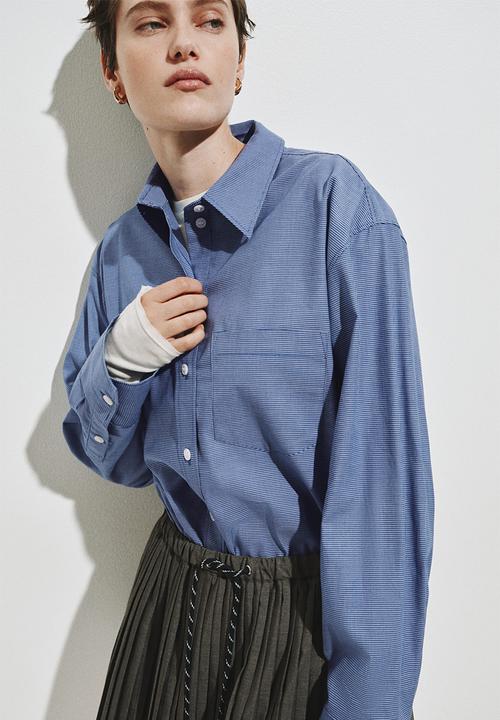 H&M - Oversized cotton poplin shirt - blue/checked