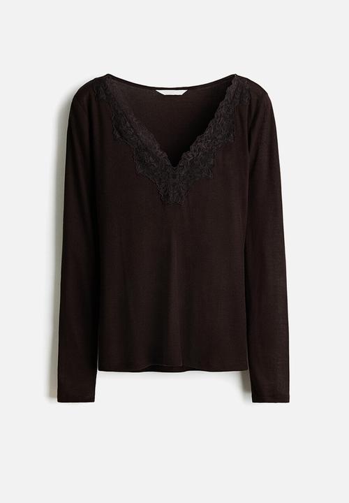 H&M - Lace-trimmed top - dark brown