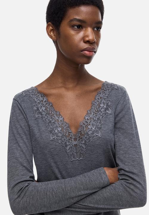 H&M - Lace-trimmed top - dark grey marl
