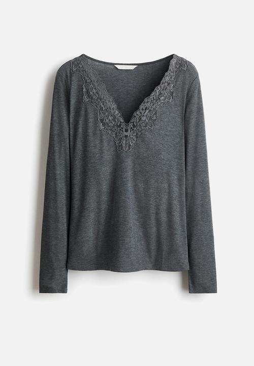 H&M - Lace-trimmed top - dark grey marl