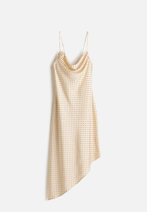 H&M - Asymmetric satin dress - light beige/spotted