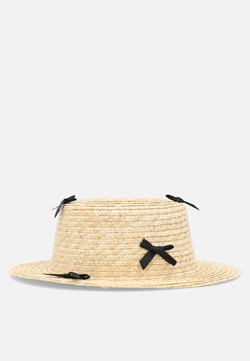 Pop Candy - Bow applique boater hat - neutral & black