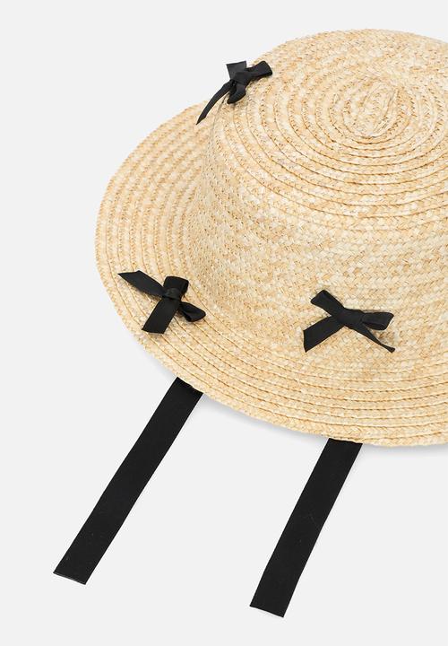 Pop Candy - Bow applique boater hat - neutral & black
