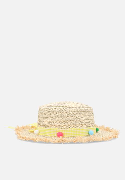 Pop Candy - Straw summer hat with pom pom ribbon - natural/yellow