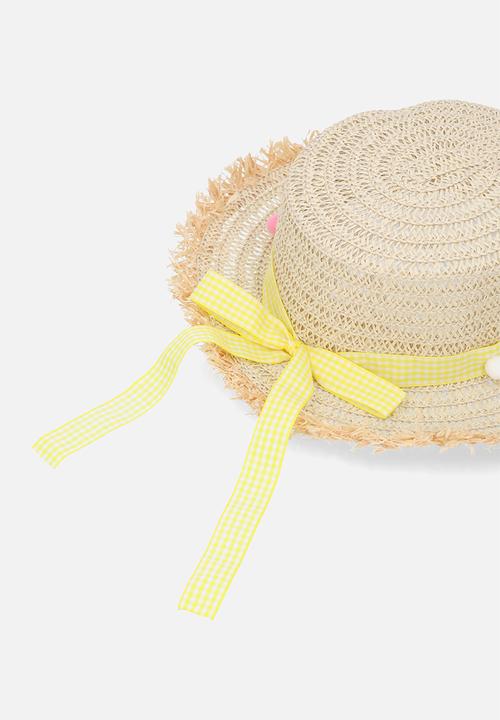 Pop Candy - Straw summer hat with pom pom ribbon - natural/yellow
