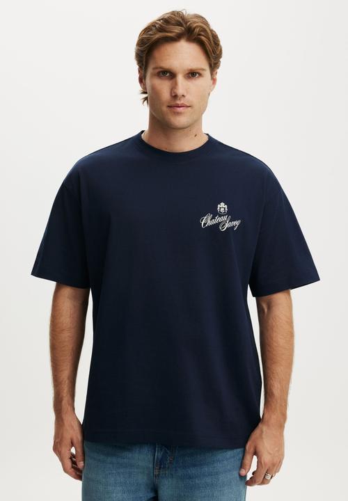 Cotton On - Box Fit Text T-shirt - Vintage Navy/Chateau Lavoy