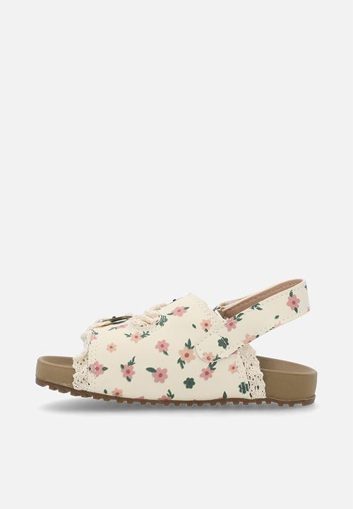 Pop Candy - Ditsy floral slides with lace trim - neutral 