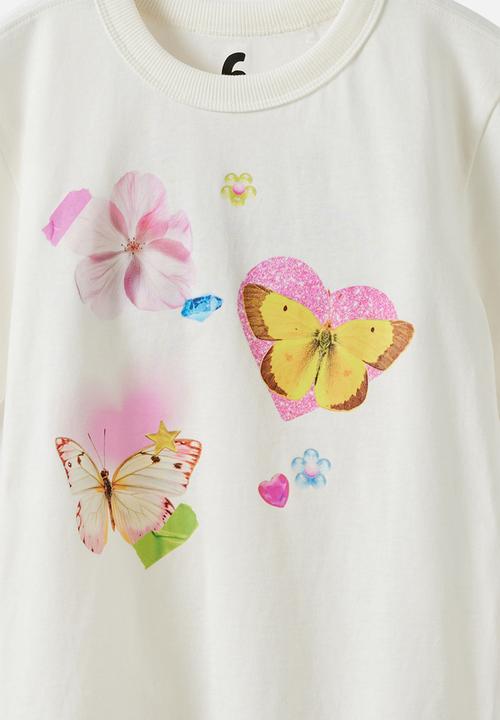Cotton On - Essential Short Sleeve Graphic Tee - Vanilla/Butterfly Collage