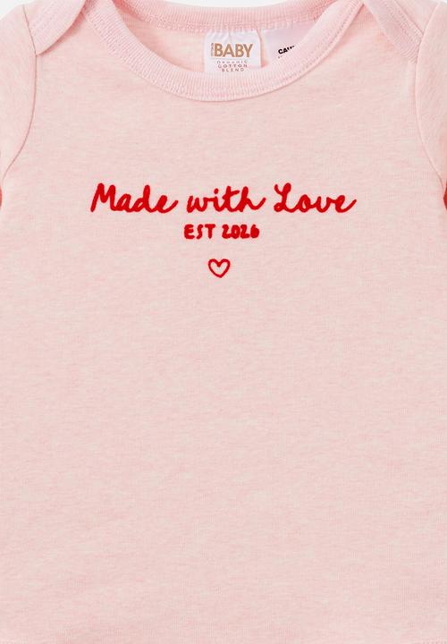 Cotton On - Organic Long Sleeve Bubbysuit - Pop Pink Marle/Made With Love