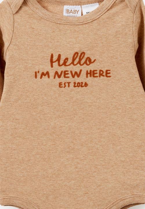 Cotton On - Organic Long Sleeve Bubbysuit - Caramel Fudge Marle/Hello