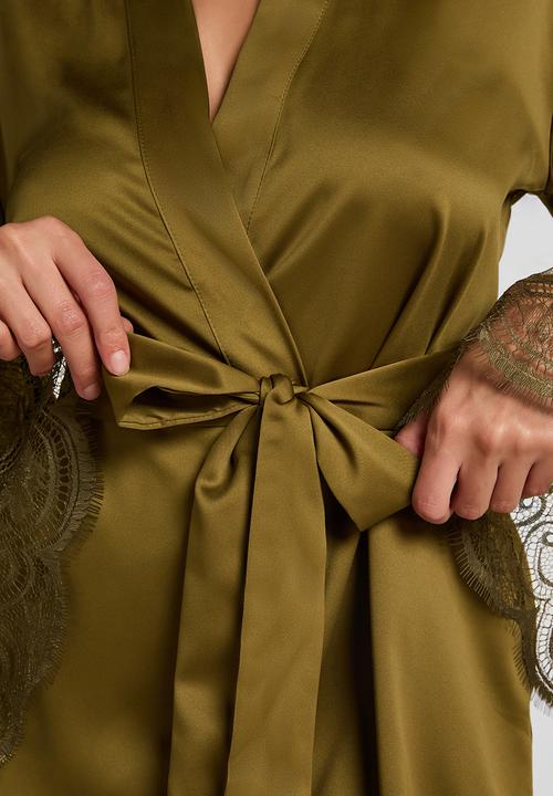 Hunkemoller - Kimono satin lace robe - olive drab