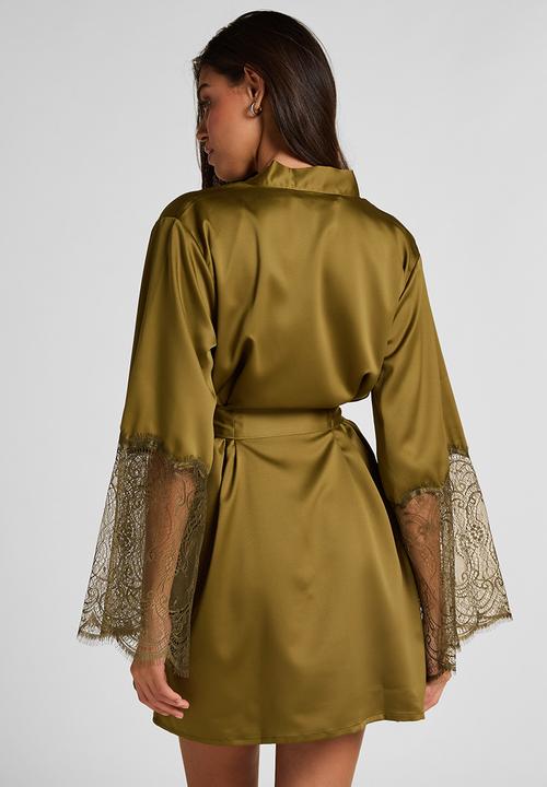 Hunkemoller - Kimono satin lace robe - olive drab