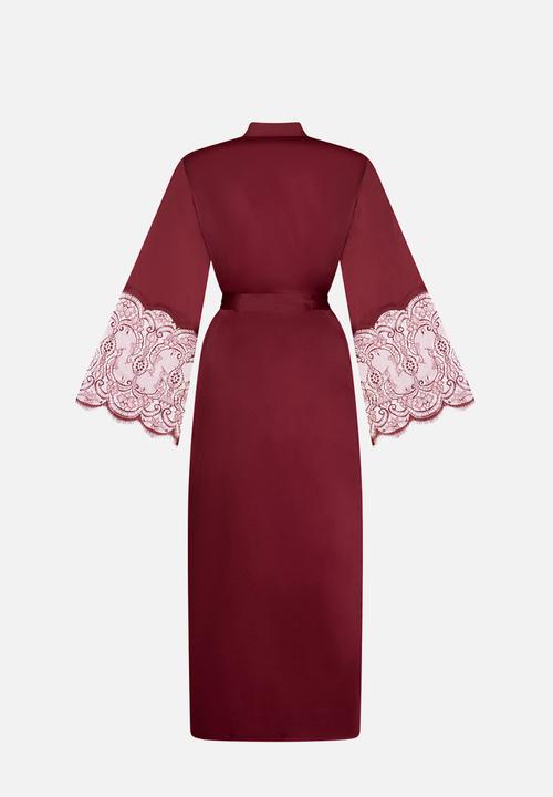 Hunkemoller - Kimono long satin lace robe - cabernet