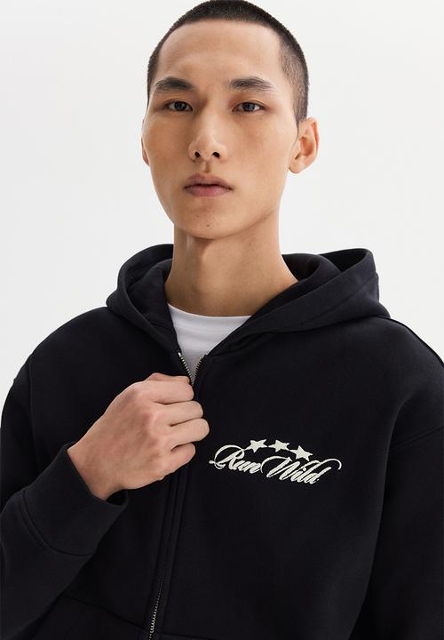 H&M - Loose fit boxy zip-through hoodie - black/run wild